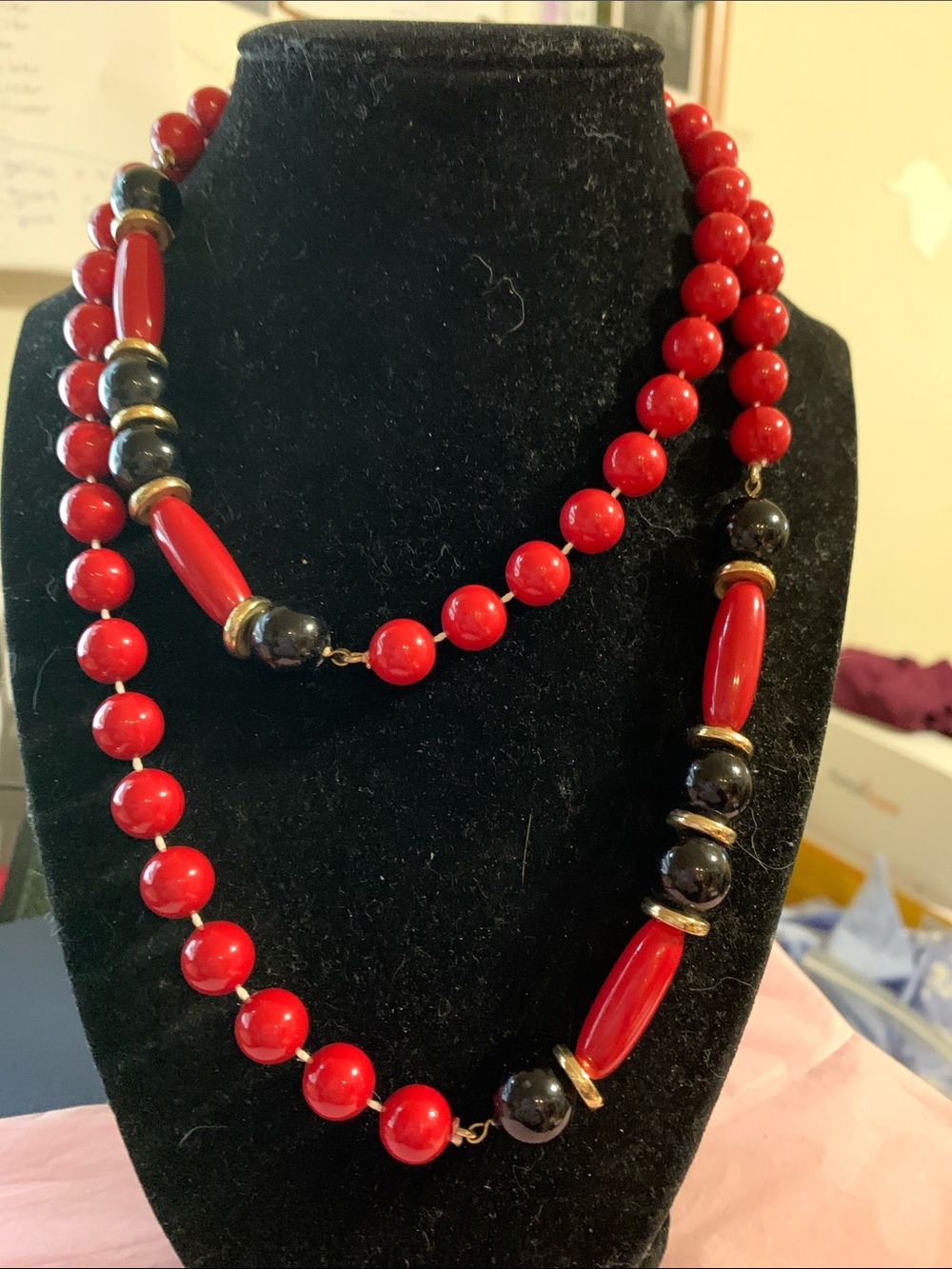 Red and Black Beaded Statement Necklace - Unbranded